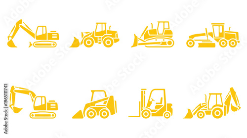 Yellow Construction Vehicle Icons Heavy Machinery Set on Black Background