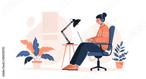Woman working on laptop at home office with headphones and plants