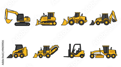 Construction Vehicles Icons Set Heavy Equipment Machinery Illustrations