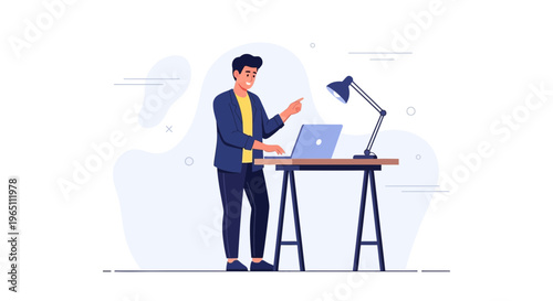 Man working on laptop at standing desk, modern office, pointing and explaining