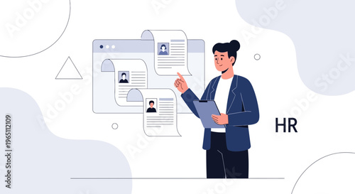 HR manager reviewing resumes for job candidates, recruitment process, human resources concept