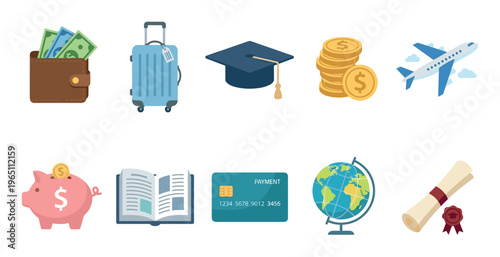 Life goals and financial planning icons representing various aspirations such as education, travel, savings, and global opportunities, depicted in a flat design style.