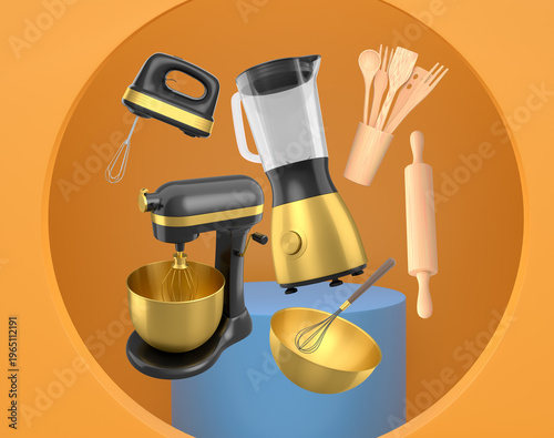 Set of kitchen appliances and utensils floating on podium with abstract background, symbolizing cooking tools
