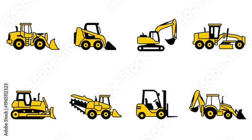 Industrial Construction Heavy Equipment Vehicles Icons Set on Dark Background