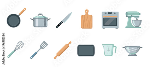 Various kitchen utensils, cookware, and appliances essential for cooking, baking, and food preparation are neatly arranged in a clean, modern flat design style.