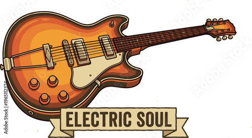 A retro-styled illustration featuring a semi-hollow body electric guitar with an Electric Soul banner, perfect for vintage-themed music projects and posters.