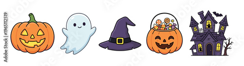 Halloween cartoon elements set with pumpkins, ghost, witch hat, candy bucket, and haunted house, perfect for spooky season designs.