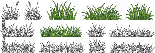 Grass and plants vector collection featuring green foliage patches and hand drawn black outline grass elements isolated on white background