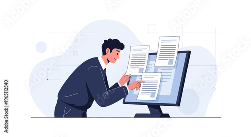 Man in suit reviewing documents on computer screen, digital workspace concept