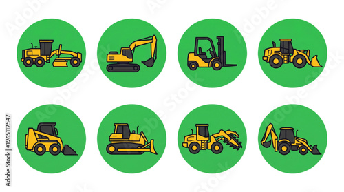 Industrial Heavy Construction Equipment Icons Set Building Machinery Vehicles Collection