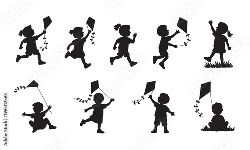 Children silhouettes flying kites outdoors childhood joy park summer day activity fun playground recreation happy playful running jumping.