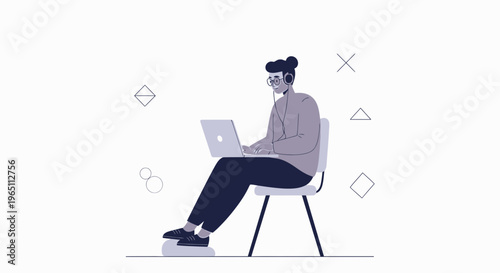Person with headphones working on laptop, minimalist abstract shapes background