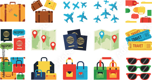 Travel and Vacation Icons Set Featuring Luggage, Airplanes, Maps, Passports, Tickets, Sunglasses, and Travel Accessories for Tourism and Adventure