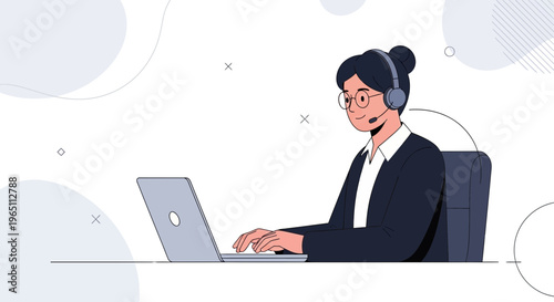 Customer service operator with headset and laptop, working in a modern office environment.