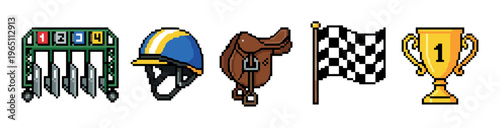 Horse racing pixel art icons representing competition and victory, including a starting gate, jockey helmet, saddle, checkered flag, and a first-place trophy.