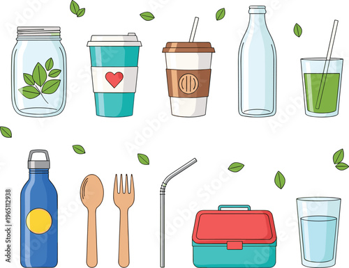 Eco friendly reusable items collection with bottles cups lunch box and zero waste lifestyle vector illustration set