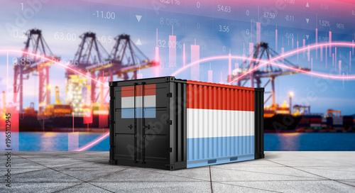 Tableau sur toile Luxembourg Trade: A cargo container emblazoned with the Luxembourg flag stands poised against a backdrop of active shipping ports, symbolizing the nation's pivotal role in global trade and logistics