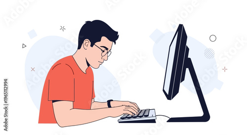 Young man with glasses typing on computer, focused on work or study, modern flat illustration