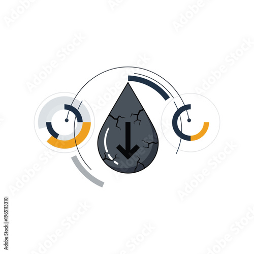 Graphic illustration of a cracked oil droplet with downward arrow, surrounded by circular graphs, conveying a fuel shortage concept with rising oil prices and economic impact.