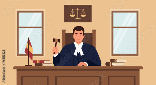 Illustration of a judge banging a gavel in a courtroom with a flag and scales of justice