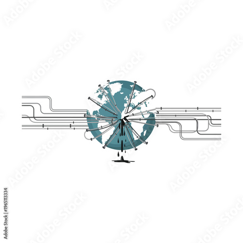 Illustration of a globe with oil barrels and pipelines, symbolizing the global oil crisis and fuel shortage concept with rising prices and economic impact.