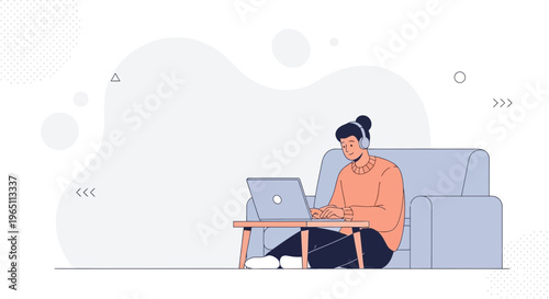 Person working on laptop with headphones, sitting on floor next to sofa, modern illustration