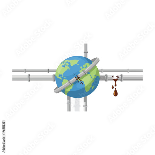 Illustration of a globe with pipelines and an oil barrel leaking oil, representing a global oil crisis and fuel shortage concept with rising prices.