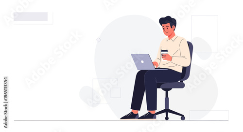 Young Man Working on Laptop While Holding Coffee Cup in Modern Office