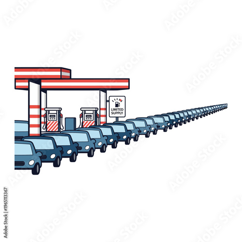 Illustration of a long line of cars waiting at a gas station with a sign indicating an oil crisis and fuel shortage concept.