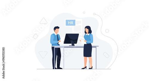 HR professionals discussing documents at a desk with computer and HR document