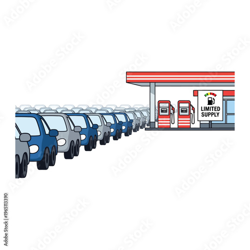 Illustration of a long line of cars waiting at a gas station with a sign indicating limited fuel supply, depicting a fuel shortage concept with rising oil prices and economic impact.