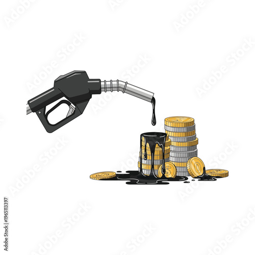 An illustration of a gas pump nozzle pouring oil into a can next to stacked coins with oil splatters on a white background, conveying an energy crisis and fuel shortage concept.