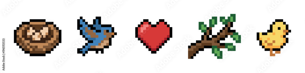 Fototapeta premium Collection of charming pixel art icons depicting various nature and love elements, perfect for retro game design and digital projects.