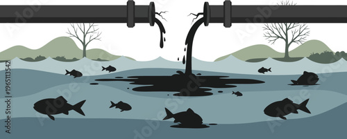 Illustration of an oil crisis with a dripping pipeline leaking oil into a body of water, surrounded by fish, depicting a fuel shortage concept with rising oil prices and an energy crisis