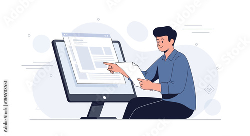 Man working on computer, pointing at screen, holding paper, modern flat illustration