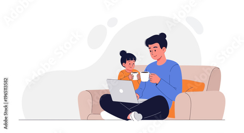 Father and Daughter Relaxing at Home with Laptop and Coffee