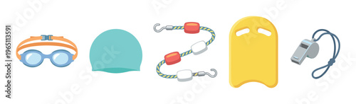 Swimming accessories and equipment for aquatic sports are depicted in a colorful cartoon style, perfect for illustrating lessons, training, or summer activities.