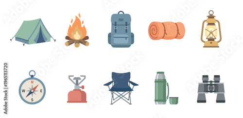 Camping equipment collection featuring essential gear for outdoor adventures, including a tent, campfire, backpack, sleeping bag, and compass.