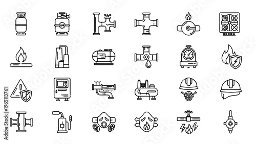 Industrial natural gas and oil pipeline icons, 24 line vector elements for energy industry, fuel supply and safety equipment collection