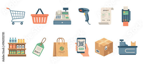 Shopping and retail icons illustrating various essential elements of modern commerce, purchasing, and delivery processes, ideal for business concepts.
