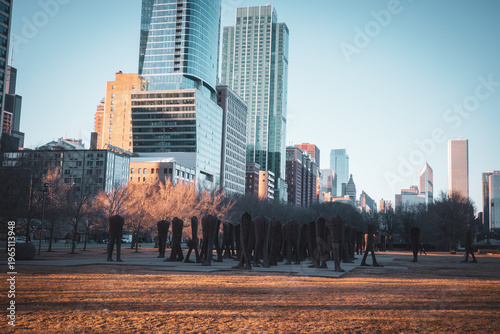 Chicago Skyline at Sunset With Agora Sculpture in Urban Park and Winter Trees