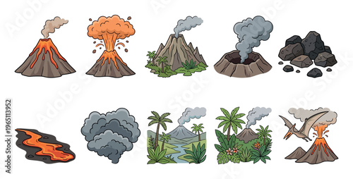 Volcanoes and volcanic activity illustrations depict various stages of eruption, lava flow, and the raw power of nature in prehistoric settings.