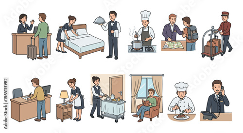 Hotel services staff members providing excellent hospitality to guests, encompassing reception, housekeeping, room service, and culinary assistance for a comfortable stay.