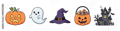Halloween elements collection features a spooky ghost, a smiling carved pumpkin, a classic witch hat, a candy-filled pumpkin bucket, and a creepy haunted house illustration.