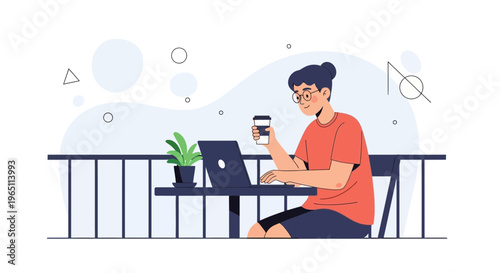 Young man working on laptop at cafe table with coffee, flat design illustration