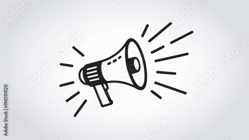 A simple black and white illustration of a megaphone with lines radiating from it, symbolizing loudspeaker announcement.