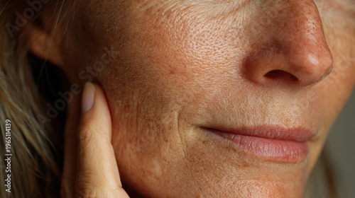 Mature woman face closeup natural skin texture aging skin detail healthy complexion soft smile female portrait serene expression real beauty skincare concept skin pore closeup with gentle touch