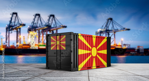 Fotografía Macedonian Flag on Shipping Containers: A pair of shipping containers, emblazoned with the vibrant Macedonian flag, stand prominently against the backdrop of a bustling port