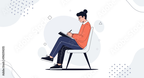 Young person sitting on chair writing notes in notebook, creative illustration