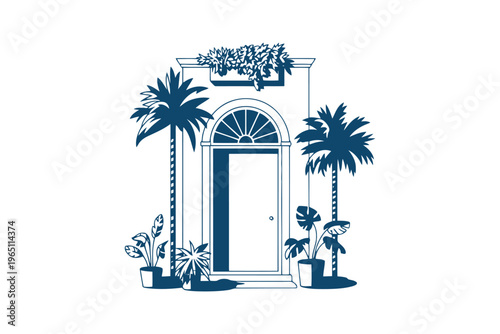 Blue of an entrance with arched doorway and potted plants